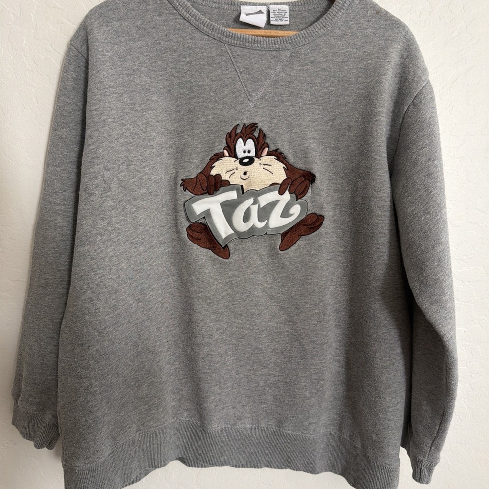 TAZ VTG 90's Tasmanian Devil M Embroidered Sweatshirt Looney Tunes Warner Bros